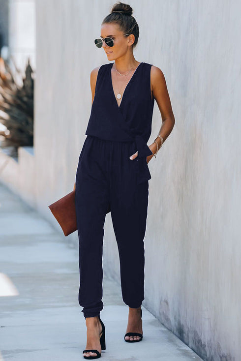 Deep V-Neck Sleeveless Solid Jumpsuit
